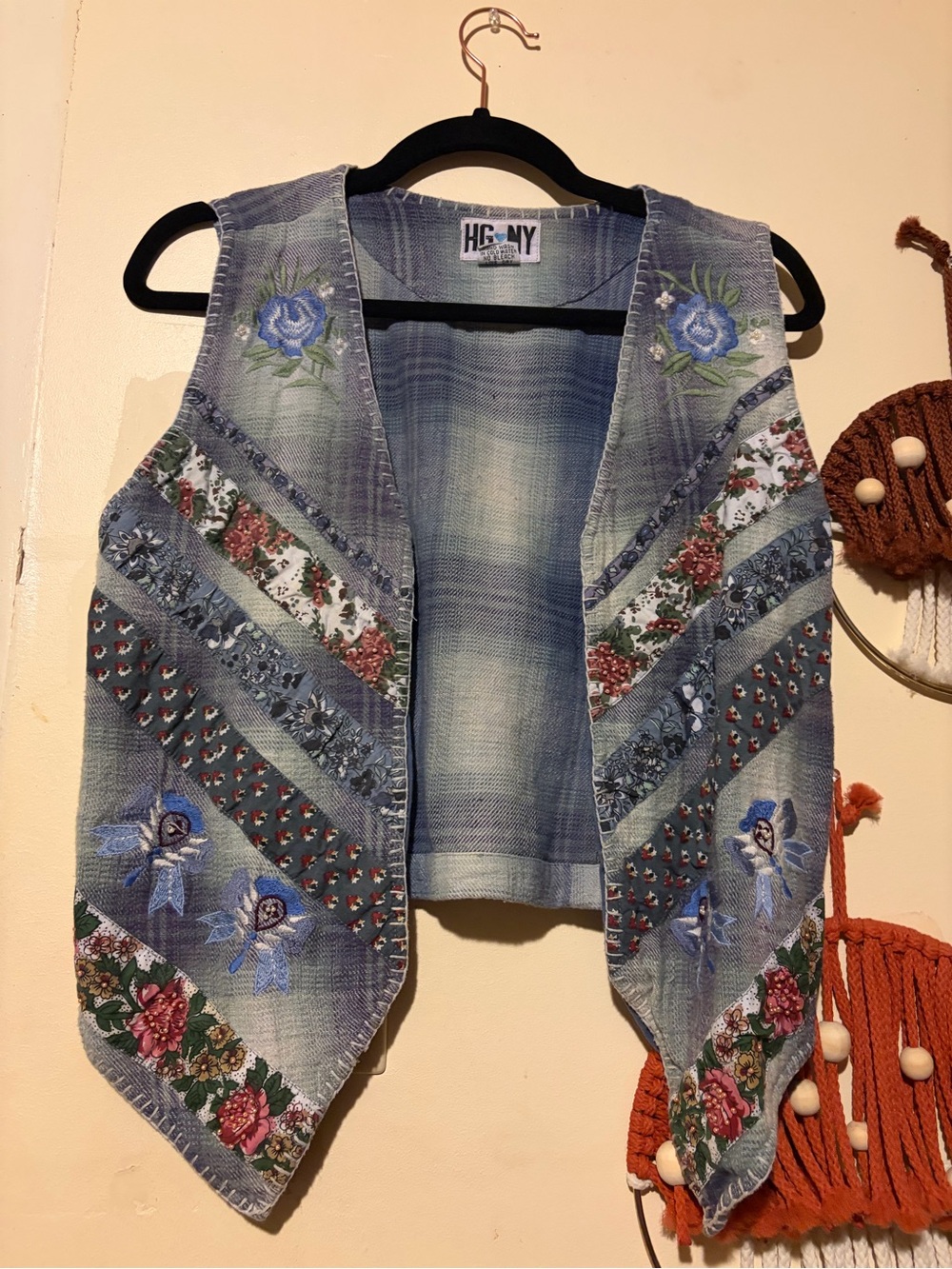 Blue Embroidered Denim Vest with Floral Panels